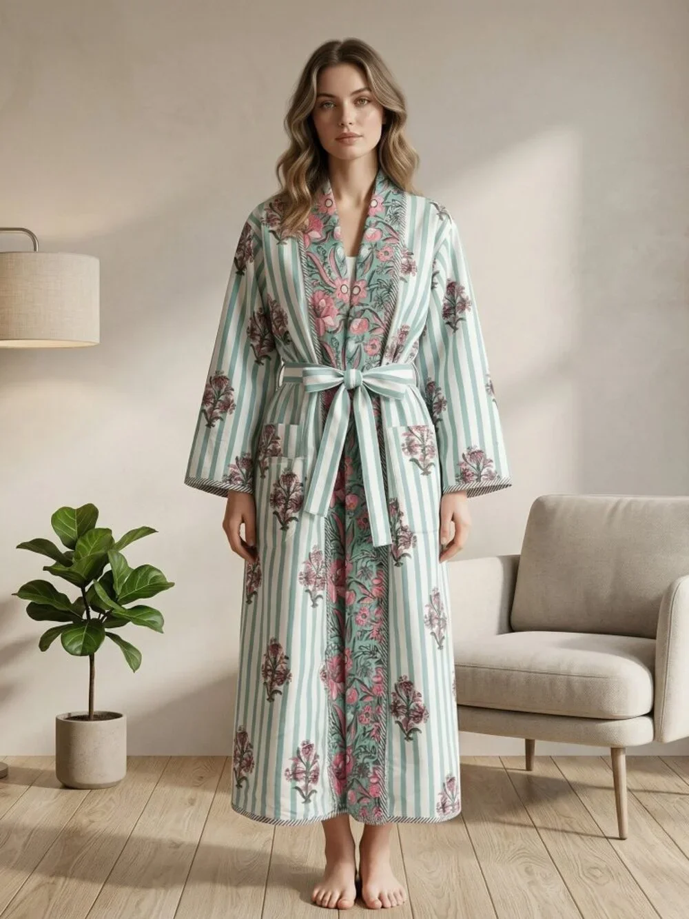 Reversible Cotton Kimono Robe, Hand Block Print Bathrobe, Floral Quilted for Her